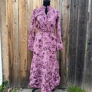Long Sleeve Floral Tiered Maxi Dress in Dusty Rose